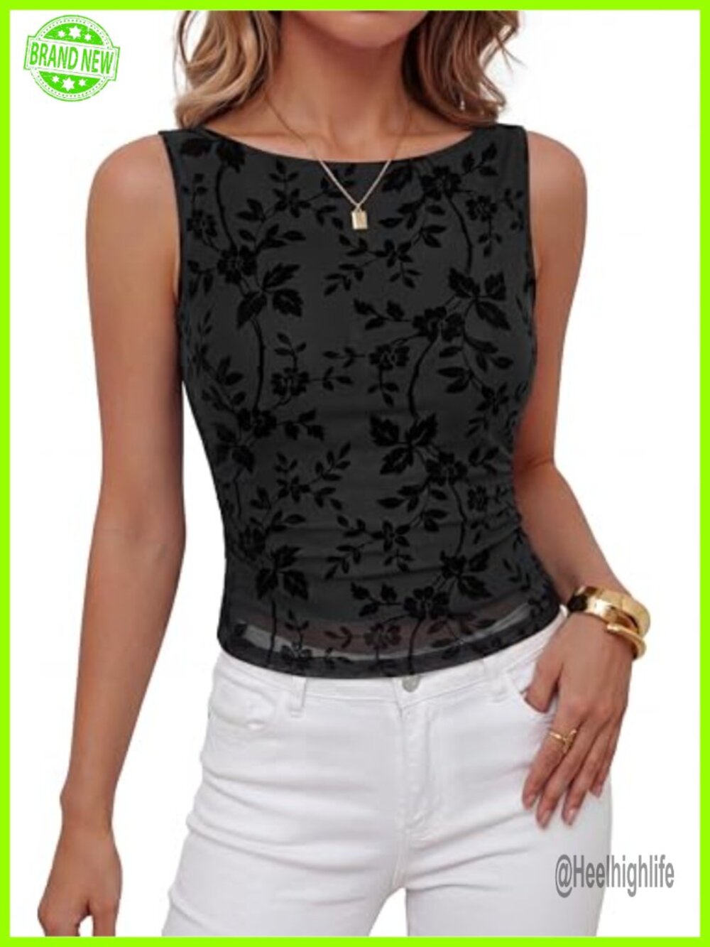 Women's Mesh Ruched Tank Top Floral Boat Neck Sleeveless Fitted Summer